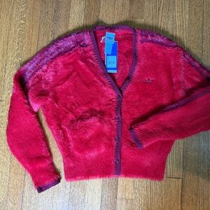 Adidas Taiwan Red Fuzzy V-Neck Cardigan Size M